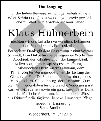 Traueranzeige von Klaus Hühnerbein von Mitteldeutsche Zeitung Quedlinburg
