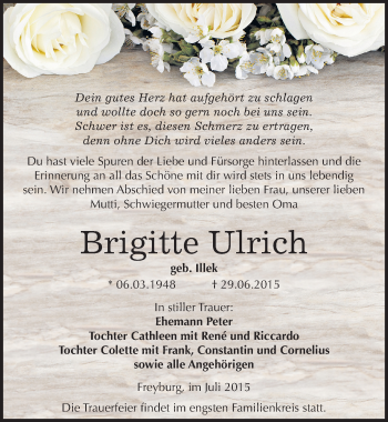 Traueranzeige von Brigitte Ulrich von Mitteldeutsche Zeitung Naumburg/Nebra