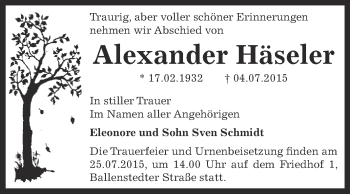 Traueranzeige von Alexander Häseler von WVG - Wochenspiegel Dessau / Köthen