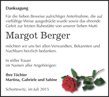 Traueranzeige von Margot Berger von WVG - Wochenspiegel Dessau / Köthen