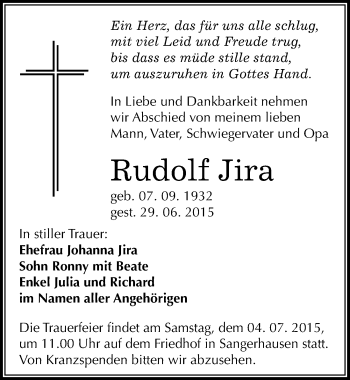 Traueranzeige von Rudolf Jira von Mitteldeutsche Zeitung Sangerhausen