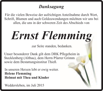 Traueranzeige von Ernst Flemming von Super Sonntag Quedlinburg