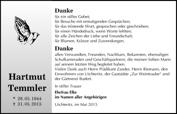 Traueranzeige von Hartmut Temmler von Mitteldeutsche Zeitung Weißenfels