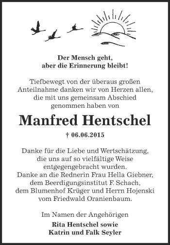 Traueranzeige von Manfred Hentschel von Super Sonntag Wittenberg