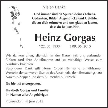 Traueranzeige von Heinz Gorgas von WVG - Wochenspiegel Bitterfeld