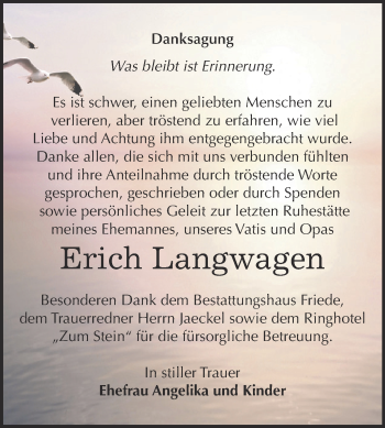 Traueranzeige von Erich Langwagen von WVG - Wochenspiegel Dessau / Köthen