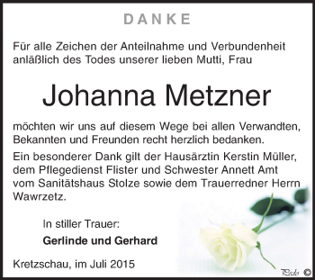 Traueranzeige von Johanna Metzner von Super Sonntag Zeitz