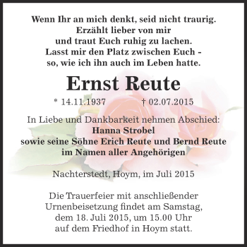 Traueranzeige von Ernst Reute von Super Sonntag Aschersleben