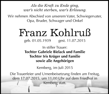 Traueranzeige von Franz Kohlruß von Mitteldeutsche Zeitung Wittenberg