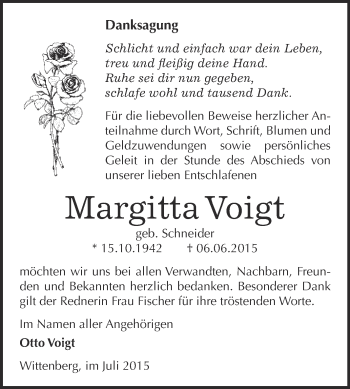Traueranzeige von Margitta Voigt von WVG - Wochenspiegel Wittenberg
