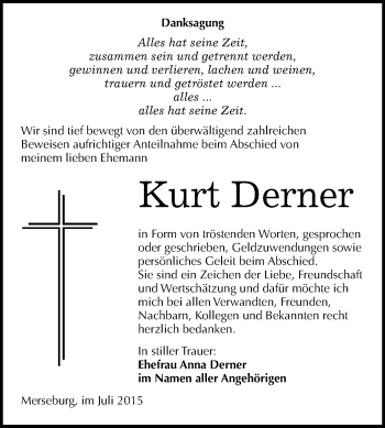 Traueranzeige von Kurt Derner von WVG - Wochenspiegel Merseburg