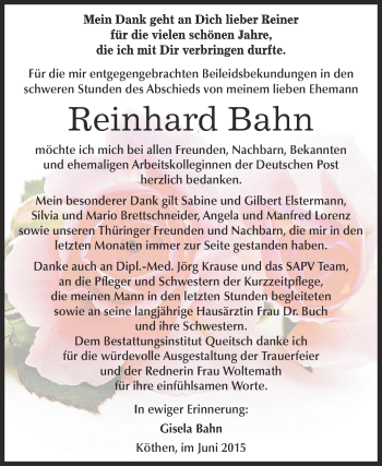 Traueranzeige von Reinhard Bahn von WVG - Wochenspiegel Dessau / Köthen