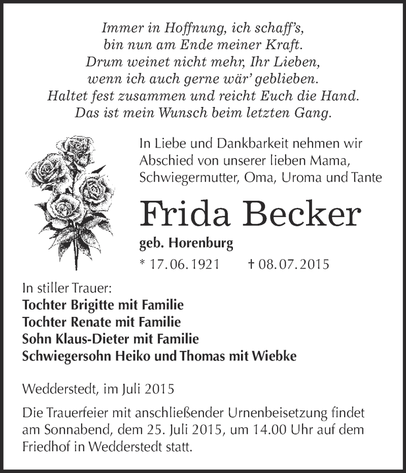  Traueranzeige für Frida Becker vom 11.07.2015 aus WVG - Wochenspiegel Quedlinburg