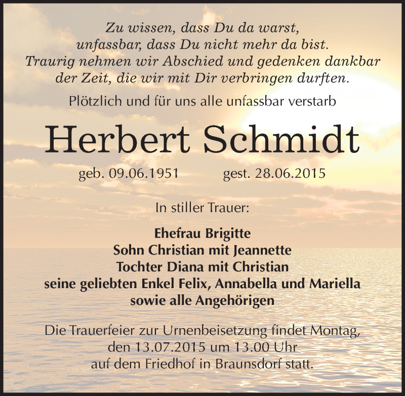  Traueranzeige für Herbert Schmidt vom 04.07.2015 aus Mitteldeutsche Zeitung Merseburg/Querfurt