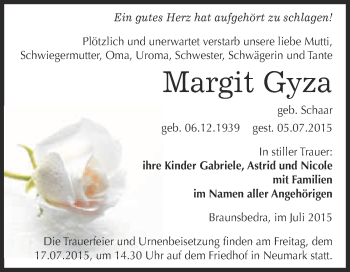 Traueranzeige von Margit Gyza von WVG - Wochenspiegel Merseburg