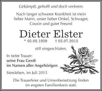 Traueranzeige von Dieter Elster von Super Sonntag SGH Mansf. Land