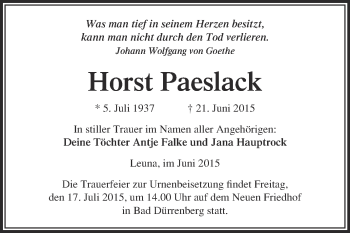 Traueranzeige von Horst Paeslack von WVG - Wochenspiegel Merseburg