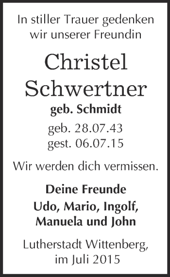 Traueranzeige von Christel Schwertner von Super Sonntag Wittenberg