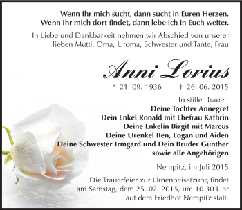 Traueranzeige von Anni Lorius von Mitteldeutsche Zeitung Merseburg/Querfurt