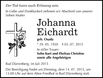 Traueranzeige von Johanna Eichardt von Mitteldeutsche Zeitung Merseburg/Querfurt