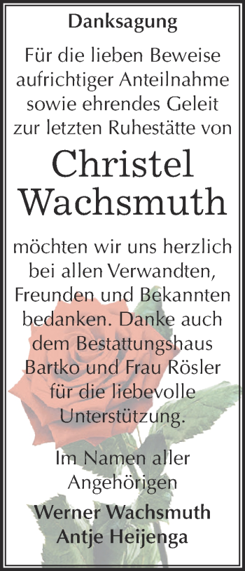 Traueranzeige von Christel Wachsmuth von WVG - Wochenspiegel Dessau / Köthen