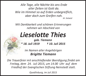 Traueranzeige von Lieselotte Thies von WVG - Wochenspiegel Quedlinburg