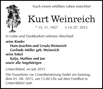 Traueranzeige von Kurt Weinreich von Mitteldeutsche Zeitung Mansfelder Land