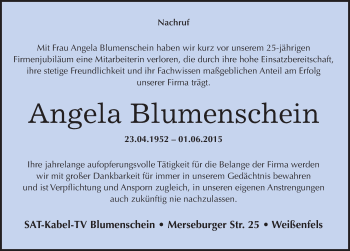 Traueranzeige von Angela Blumenschein von Mitteldeutsche Zeitung Weißenfels