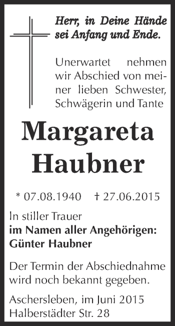 Traueranzeige von Margareta Haubner von Super Sonntag Aschersleben