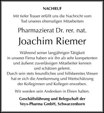Traueranzeige von Joachim Riemer von Mitteldeutsche Zeitung Bernburg