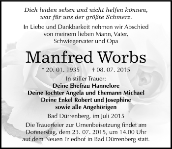 Traueranzeige von Manfred Worbs von Mitteldeutsche Zeitung Merseburg/Querfurt