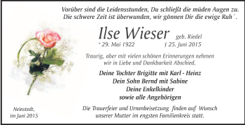 Traueranzeige von Ilse Wieser von WVG - Wochenspiegel Quedlinburg