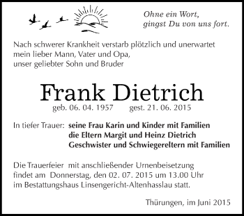 Traueranzeige von Frank Dietrich von WVG - Wochenspiegel SGH