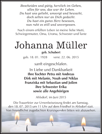 Traueranzeige von Johanna Müller von Mitteldeutsche Zeitung Mansfelder Land