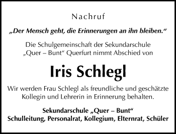 Traueranzeige von Iris Schlegl von Mitteldeutsche Zeitung Merseburg/Querfurt