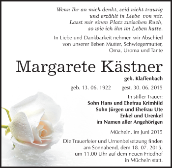 Traueranzeige von Margarete Kästner von Mitteldeutsche Zeitung Merseburg/Querfurt