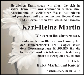 Traueranzeige von Karl-Heinz Martin von WVG - Wochenspiegel Quedlinburg