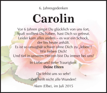 Traueranzeige von Carolin  von Mitteldeutsche Zeitung Köthen