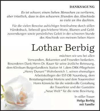 Traueranzeige von Lothar Berbig von WVG - Wochenspiegel NMB / WSF / ZTZ