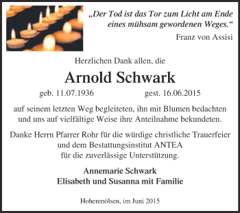 Traueranzeige von Arnold Schwark von WVG - Wochenspiegel NMB / WSF / ZTZ