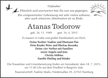 Traueranzeige von Atanas Todorow von WVG - Wochenspiegel Wittenberg
