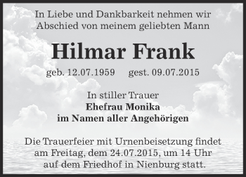 Traueranzeige von Hilmar Frank von Super Sonntag Bernburg