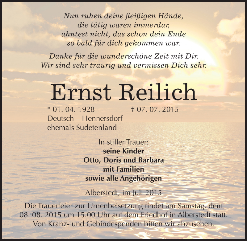  Traueranzeige für Ernst Reilich vom 11.07.2015 aus Mitteldeutsche Zeitung Merseburg/Querfurt