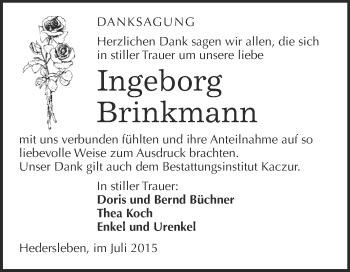 Traueranzeige von Ingeborg Brinkmann von WVG - Wochenspiegel Quedlinburg
