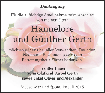 Traueranzeige von Hannelore und Günther Gerth von Super Sonntag Zeitz