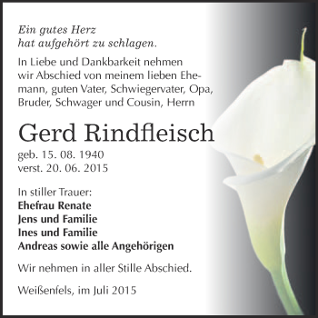 Traueranzeige von Gerd Rindfleisch von WVG - Wochenspiegel NMB / WSF / ZTZ