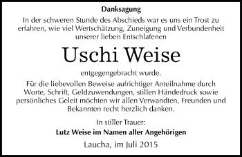 Traueranzeige von Uschi Weise von Mitteldeutsche Zeitung Naumburg/Nebra
