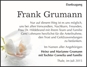Traueranzeige von Frank Grumann von WVG - Wochenspiegel Quedlinburg