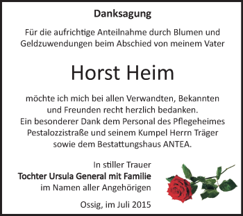 Traueranzeige von Horst Heim von Super Sonntag Zeitz