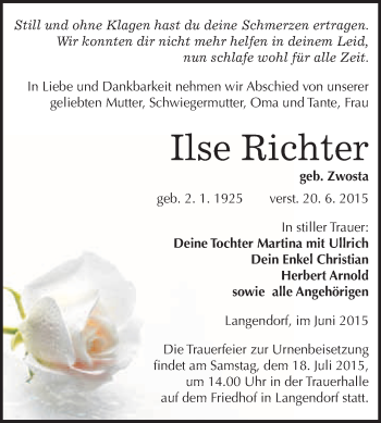 Traueranzeige von Ilse Richter von WVG - Wochenspiegel NMB / WSF / ZTZ